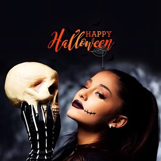 a woman holding a skull in her right hand with the words happy halloween on it Ariana Grande Halloween Ariana Grande Halloween, Ariana Grande Pumpkin, Ariana Grande Jack Skellington, black