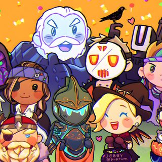 a group of children dressed up in halloween costumes with pumpkins and ghost faces on them Overwatch Halloween Genji X Mercy Halloween, Cute Overwatch, Halloween Overwatch Skins, peru