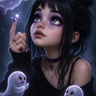 a girl with black hair and blue eyes holding two ghost dolls Halloween Scary Cute Girl dark slate gray