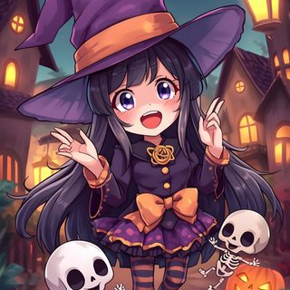 a girl in a witch costume and skeleton bones Anime Halloween Phone dark slate gray