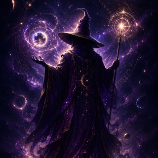 a wizard standing in the middle of space holding a wand and wearing a black hat Merlin Wizard Halloween Rainbow Purple black