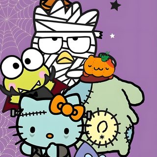 an image of hello kitty and her friends in halloween costumes with pumpkins on their heads Cute Halloween Sanrio Hello Kitty And Friends Halloween, Halloween Hello Kitty And Friends, Sanrio Halloween Iphone, medium purple