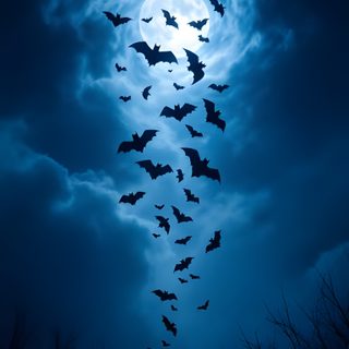 a flock of bats flying through the night sky Halloween Bats Flying midnight blue