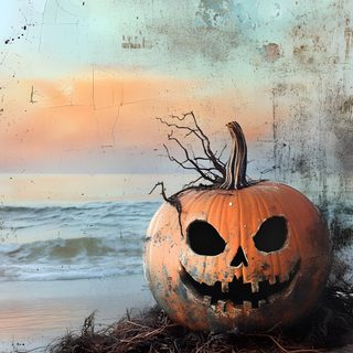 a pumpkin sitting on top of a beach next to the ocean with a face carved into it Beach Halloween Pumpkin On Beach With Hello Friday Text, Coastal Halloween, Goth, Ocean Halloween, dark gray