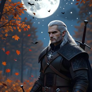 a man dressed as the witch in front of a full moon Witcher Geralt Halloween Witcher Halloween, The Witcher Wall Paper, Geralt Witcher, dark slate gray