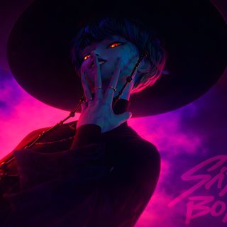 a woman wearing a black hat and holding her hand up to her face with the words don't boys on it Baby Saja Halloween Kpop Demon Hunters Baby Saja Art, Baby Saja Fanart, Saja Boys Pc, black