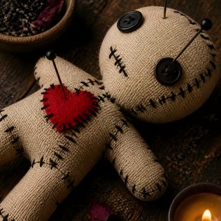 a voodoo doll sitting on top of a wooden table next to a candle and bowl Halloween Voodoo Doll Voodoo Doll Aesthetic, Voodoo Aesthetic, Voodoo Doll, Doll Aesthetic, black