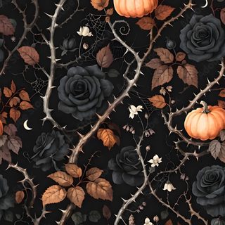 Seamless Gothic Halloween Pattern with Orange Pumpkins, Black Roses, and Thorns| Adobe Stock Halloween Botanical black