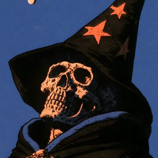 a skeleton wearing a witches hat with stars on it's head and holding a bag Dnd Halloween Nerdy Art, Vintage Horror Comic, Skeleton Pics, Gothic Images, Cool Skeleton, black