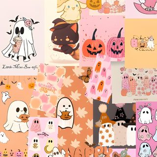 many different images of halloween characters on pink and orange squares with pumpkins, cats, ghost Cute Halloween Boo Bestie peach puff