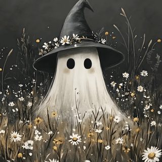 a painting of a wizard hat sitting on top of a field of daisies Aesthetic Halloween Flower Ghost In A Field Of Daisies, Halloween Decoration Ideas, Halloween Ghost Art, dark slate gray