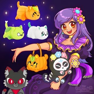 an anime character with many cats and kittens on her shoulder, holding a purse Halloween Aphmau Aphmau Plush, Aphmau Cat Pictures, Aphmau Halloween Pictures, dark slate blue