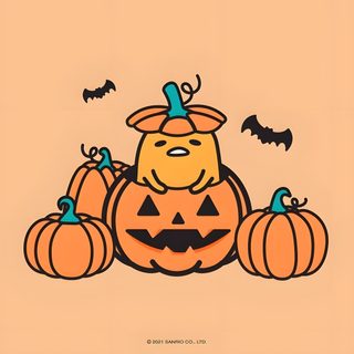 a cartoon pumpkin sitting on top of other pumpkins Gudetama Halloween Cinnamoroll Pumpkin Painting, Hello Kitty Halloween, Sanrio Characters Pumpkin Carving, burlywood