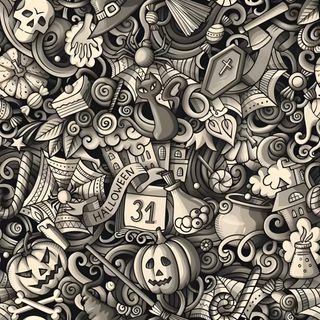 a drawing of many different things in black and white colors, including skulls, pumpkins, Halloween Scroll dim gray