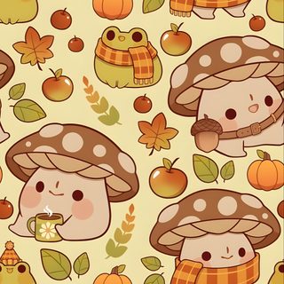 an image of mushrooms and pumpkins on a yellow background with leaves, acorns and apples Cute Halloween Frog Lilo I Stich, Halloween Iphone Backgrounds, Frog, Mushroom, Halloween Cute, burlywood