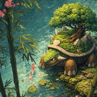 a painting of a turtle in the water surrounded by plants and flowers with fish swimming around it Halloween Torterra Torterra, Turtwig Art, Torterra Art, Pokemon Torterra, Turtwig Pokemon, dark slate gray