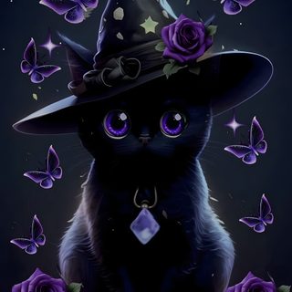 a black cat wearing a witches hat with purple roses and butterflies around it on a dark background Black Cat Diamonds For Halloween In Cute Witch Cat, Black Cat Diamonds For Halloween In, Purple Cat Halloween,