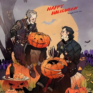 two people sitting on top of pumpkins in front of a full moon with bats Witcher Geralt Halloween Witchercon 4, Witchercon 2, Witchercon 3, Witcher Illustration, dim gray
