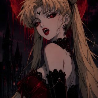 a woman with long blonde hair and red eyes is standing in front of a full moon Sailor Moon Halloween black