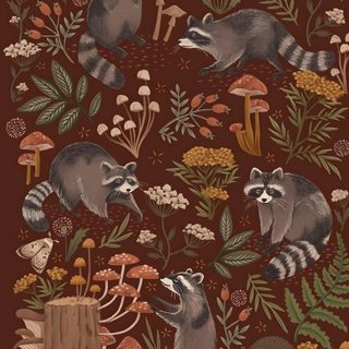 two raccoons in the woods surrounded by mushrooms Halloween Forest Animals Cottagecore Background, Fall Background, Tipos De Arte, Phone Patterns, saddle brown