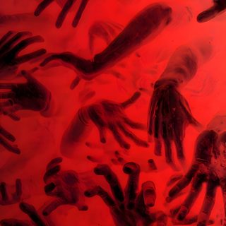 an image of many handprints on the ground with red light in the background Halloween Blood Dark Edgy Art, Horrorcore Aesthetic, Black And Red Horror Background, Red Horror 4k,