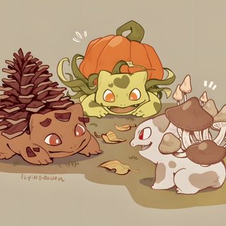 an image of three cartoon animals with pumpkins on their heads and one is holding a pine cone Halloween Bulbasaur Mystical Creatures, Pokemon Bulbasaur, Cute Pokemon, Disney Princess Pictures, tan