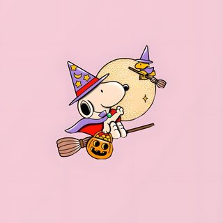 a cartoon dog with a witch hat and broom flying through the air on a pink background Pink Snoopy Halloween Kitty, Pink Halloween, Halloween, Charlie Brown, Funny Memes, Funny,