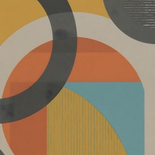 an abstract painting with circles and lines on the wall in yellow, orange, blue, grey and black Halloween Circle Geometric In Ochre Ocre, Modern Ocher Design, Bauhaus Pattern Yellow, peru