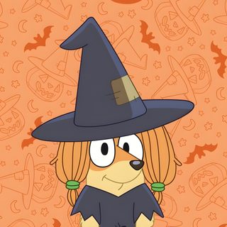 a cartoon dog wearing a witches hat and holding a cell phone in front of an orange background Bluey Halloween Iphone Spooky Halloween Costumes, Bluey Halloween, Bluey And Bingo Fall, sandy brown