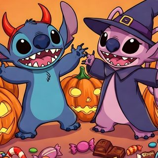 three cartoon characters standing in front of pumpkins and candy Halloween Stitch And Angel Lilo And Stitch Tattoo, Lilo En Stitch, Stitch Tattoo, Stitch Drawing, indian red