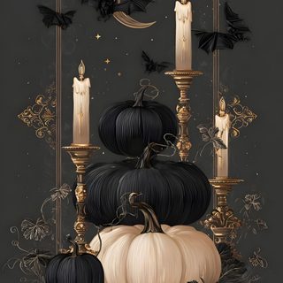 a black and gold halloween card with pumpkins, candles and bats on it's sides Elegant Halloween Spooky Aesthetics, Spooky Goth Aesthetic, Goth Christmas Iphone, dark slate gray