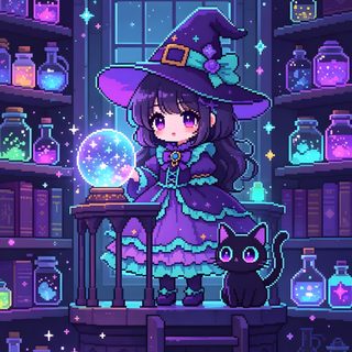 a girl in a witch's hat standing next to a black cat and some bottles Halloween Cute Witch Purple Witch Anime, Chibi Witch, Cute Witch, midnight blue