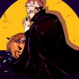 a man in a black cape holding a jack - o'- lantern and talking on a cell phone Sukuna Halloween Jjk Halloween Background, Sukuna Pumpkin, Sukuna Manga Christmas, black