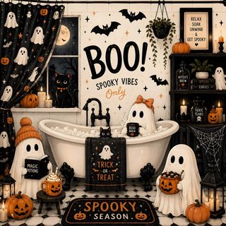 a bathroom decorated for halloween with ghost decorations and boogy vibes on the walls Halloween Themed Bathroom sienna