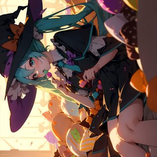 an anime scene with two women dressed as witches Hatsune Miku Halloween Hatsune Miku Halloween, Witch Miku, Miku Pumpkin, Miku Halloween, dark olive green