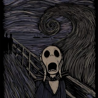 a skeleton with its mouth open standing in front of a starry night sky and the scream Halloween Van Gogh Skeleton Collage, Nightmare Before Christmas, Tim Burton Art, dark slate gray