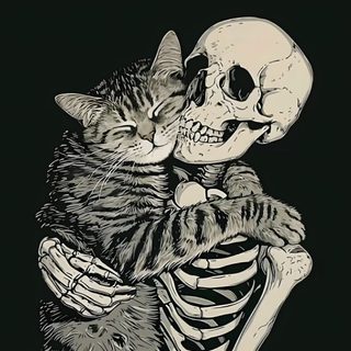 a drawing of a cat hugging a skeleton Kitty Skeleton Halloween Cats Cat Skeleton, Cat And Human Skeleton, Skeleton Holding Cat, black