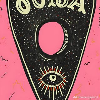 a pink and black poster with an eye on it's triangle, says ouja Halloween Ouija Planchette Ouija Board Pattern, Ouija Board Aesthetic, Ouija Planchette Ideas, light coral