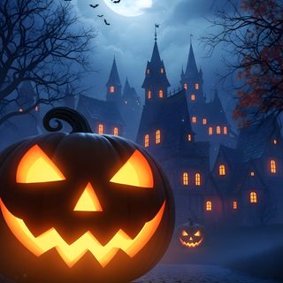 a jack o lantern pumpkin in front of a castle at night Pumpkin Spooky Halloween Pumpkin Elvira Movies, Halloween, Halloween Art, dark slate gray
