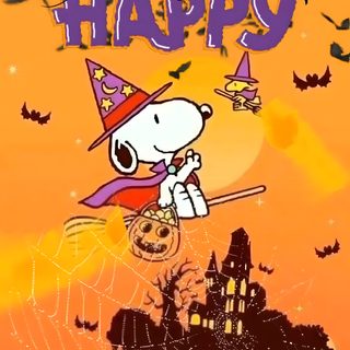 a cartoon dog flying through the air on top of a halloween pumpkin net with bats Snoopy Halloween Gif Cute Halloween Decoration Inspiration, Halloween Greeting Card Ideas, Halloween Snoopy Art, goldenrod