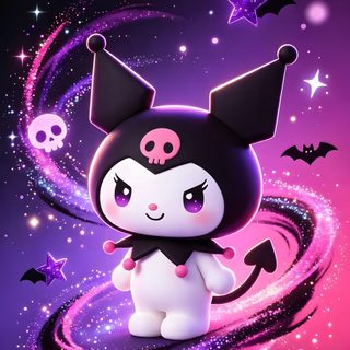 a cute little cat sitting on top of a purple and black background with bats around it Cute Kuromi Halloween midnight blue