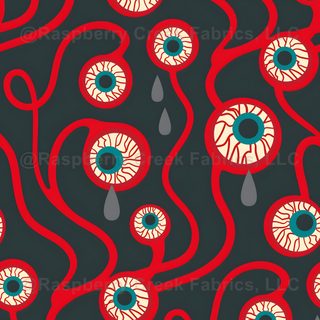 an image of red and blue eyeballs on black background with water droplet Halloween Eyeballs Red-01 Natural Cotton, Cotton Canvas, Eyeball Fabric, dark slate gray