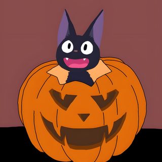 a black cat sitting on top of a jack - o'- lantern with its eyes open Studio Ghibli Halloween Kiki Halloween, Kiki's Delivery Service Pumpkin, Studio Ghibli Halloween, sienna