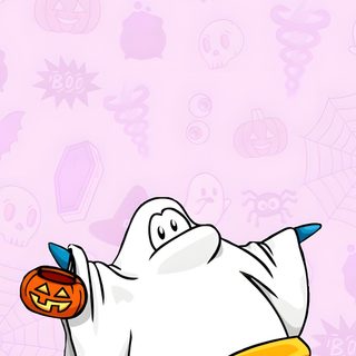 a cartoon ghost with a pumpkin in its mouth on a pink wallpapered background Club Penguin Halloween Club Penguin Ghost, Club Penguin Halloween, Club Penguin Christmas, lavender blush