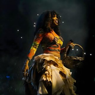 a woman in a costume on stage holding a basket with lights around her and smiling Sza Halloween Sza Aesthetic Photos, Artists Music, Sza Tour 2023, Sza Photography, Aesthetic Sza Photos, black