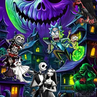 a group of halloween characters in front of a full moon and castle with pumpkins Rick And Morty Halloween Nightmare Before Christmas Tattoo, Christmas Tattoo, Halloween Backgrounds, dark slate gray