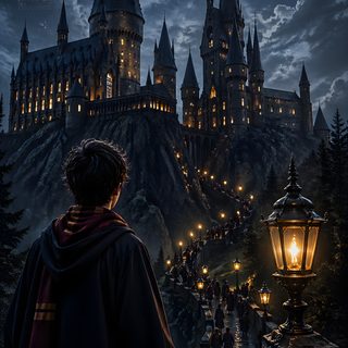 the wizard's castle is lit up at night, with people walking around it Harry Potter Halloween Poster Harry Potter, Space Art Gallery, Harry Potter Background, black