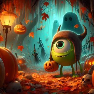 a green monster is standing in the middle of a forest with pumpkins and jack - o'- lanterns Pixar Halloween Halloween Monsters Inc, Monsters University Halloween, Mike Wazowski Halloween, dark olive green