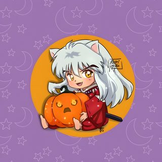 an anime character holding a pumpkin in front of a purple background with stars and crescents Inuyasha Halloween Inuyasha Pumpkin Carving, Ranma 12 Halloween, Inuyasha Pumpkin Stencil, medium purple