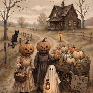 two children dressed up in halloween costumes standing next to a wagon full of pumpkins Vintage Halloween Art gray